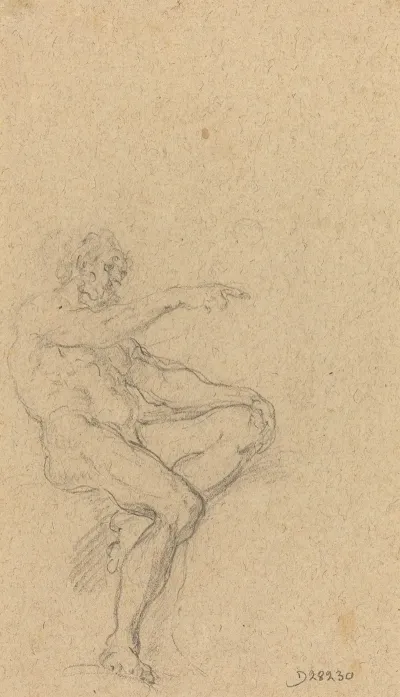 A Seated Nude Man Pointing To The Right