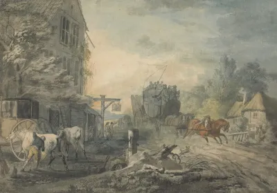 A Stagecoach And Four Dashing Through A Village On The Bath London Road