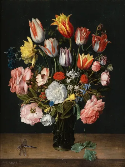 A Still Life Of Tulips Roses Bluebells Daffodils A Peony And Other Flowers In A Glass Roemer On A Wooden Ledge With A Dragonfly