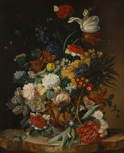 A Still Life With A Bouquet Of Flowers On A Marble Ledge