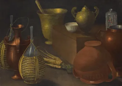 A Still Life With Two Wicker Covered Glass Bottles An Upturned Terracotta Pot A Selection Of Other Vessels And A Bunch Of Carrots