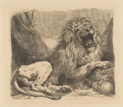 A Study From Nature A Lion Among Rocks Roaring A Human Skull Lower Right