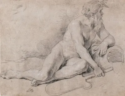 A Study Of A River God Reclining Holding An Oar In His Right Hand