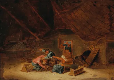 A Tavern Interior With Brawling Peasants