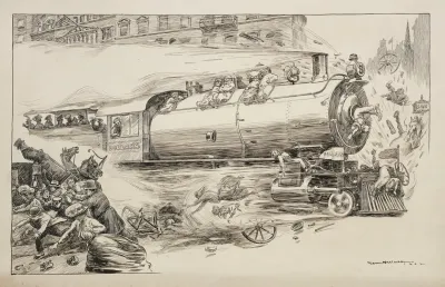 A Train Decorated With Dollar Signs Speeds Through A Town