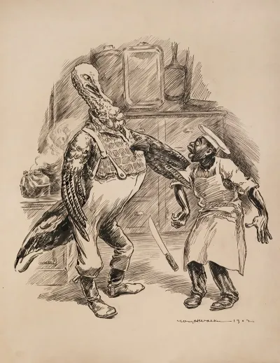 A Turkey Dressed Like A Farmer Grabs A Cook By The Arm And Makes Him Drop His Butchers Knife