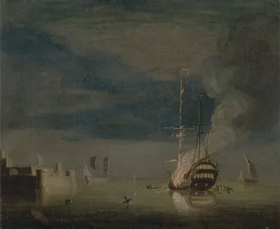 A Two Decker On Fire At Night Off A Fort
