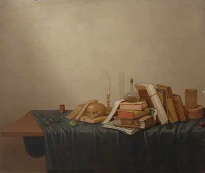 A Vanitas With Books A Skull A Candle And Various Objects On A Table