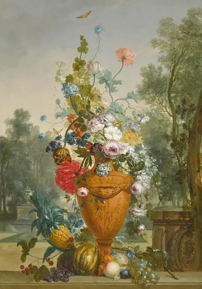 A Vase Of Peonies Chrysanthemums And A Carnation With Exotic Fruits In A Garden