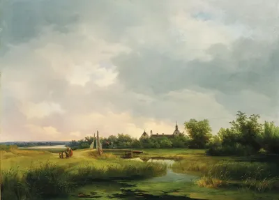 A Vast River Landscape With A Family Returning Home