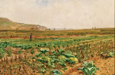 A Vegetable Field With A Hare And A Hunter In The Background