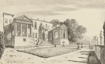 A View Of A Villa From A Terrace With A Balustrade Surrounded By Statues
