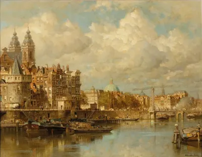 A View Of The Prins Hendrikkade With The St Nicolaas Church He Schreierstoren And The Lutherian Church Amsterdam