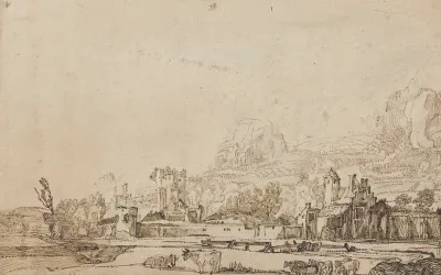 A View Of The Ruin Of Huis Ter Kleef Near Haarlem With Cows And Sheep And Mountains Behind