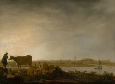 A View Of Vianen With A Herdsman And Cattle By A River