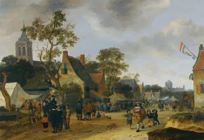 A Village Kermesse With Numerous Figures And Market Stalls