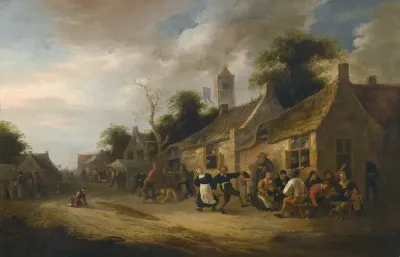 A Village Street Scene With Figures Dancing And Drinking