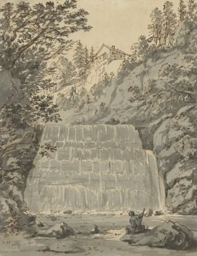 A Waterfall In Switzerland With A Resting Wayfarer