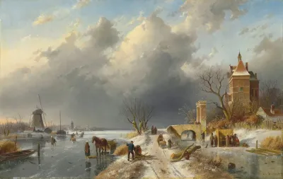 A Winter Landscape With Figures On The Ice