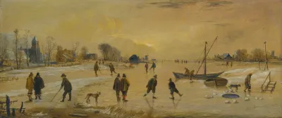 A Winter Landscape With Skaters And Kolf Players A Village To The Left
