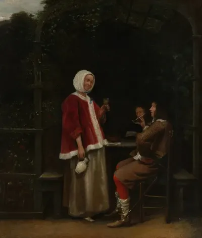 A Woman And Two Men In An Arbor