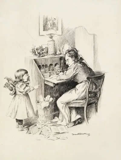 A Woman At Her Desk Trying To Write Looks Angrily At A Crying Young Girl Next To Her