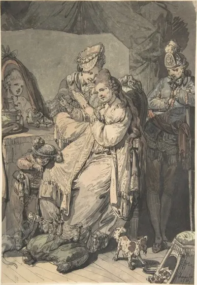 A Woman At Her Toilet With A Maid A Boy A Dog And A Young Soldier