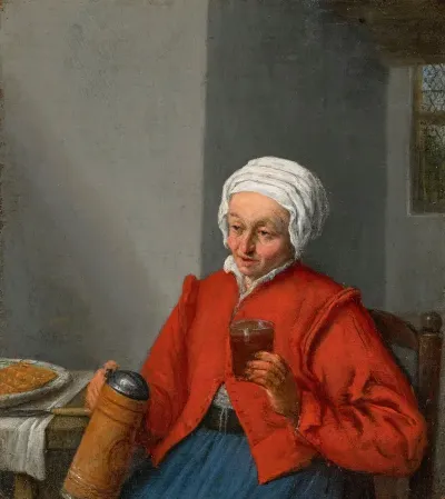 A Woman Holding A Jug And A Glass Of Beer In An Interior