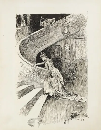 A Woman In A Gown Begins To Climb A Staircase In A Dark Room