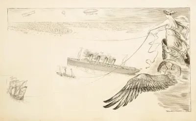 A Woman In A Winged Chariot Holds The Reins To Ships A Plane A Dirigible And A Hot Air Balloon As They Travel Towards A Crowded City