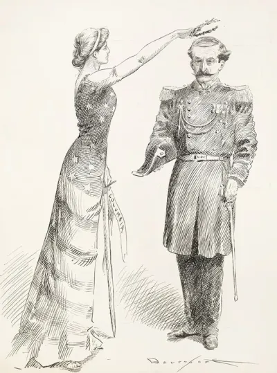 A Woman Representing Columbia With A Stars And Stripes Dress Puts A Laurel Wreath On The Head Of A Man In A Military Uniform