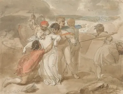 A Woman Rescued From The Sea And Assisted Ashore Rowing Boat And Rescuers In Background