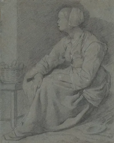 A Woman Seated Near A Basket On A Stool