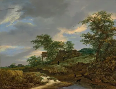 A Wooded Landscape With A Man And Two Dogs On A Path A Cottage Beyond