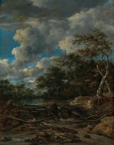 A Wooded Landscape With A Waterfall