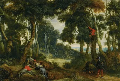 A Wooded Landscape With Brigands Playing Dice Another Brigand Up In A Tree On The Lookout