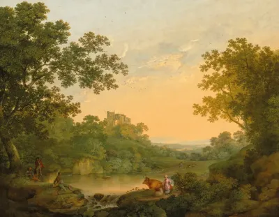 A Wooded Landscape With Fishermen And Shepherds By A Pond A Ruined Castle Beyond