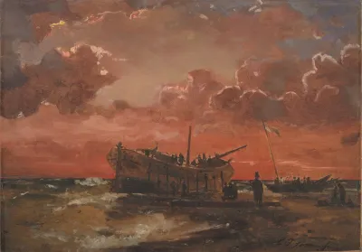 A Wreck On The West Coast Of Jutland At Sunset