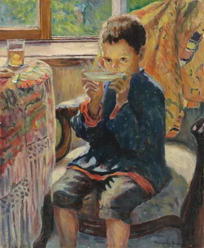A Young Boy Drinking Tea