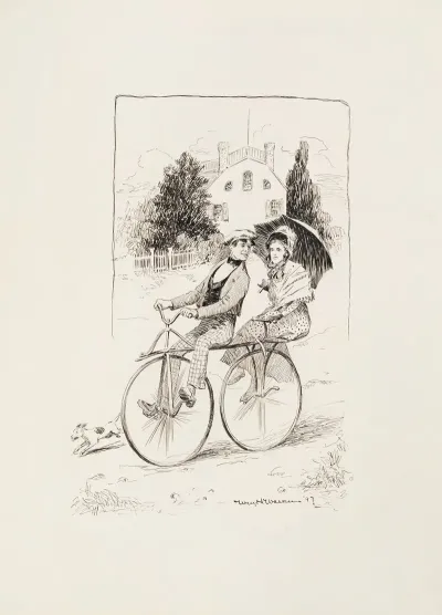 A Young Couple Ride On A Tandem Bicycle