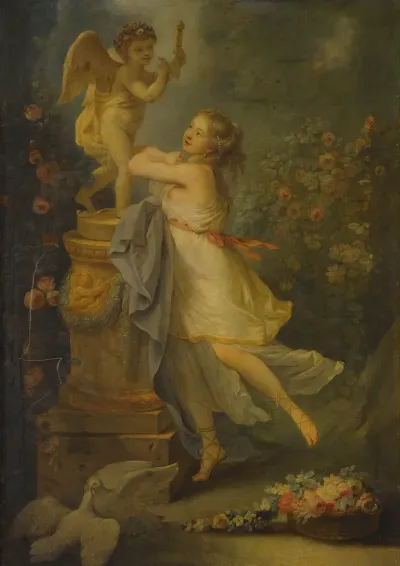 A Young Lady Before A Statue Of Cupid