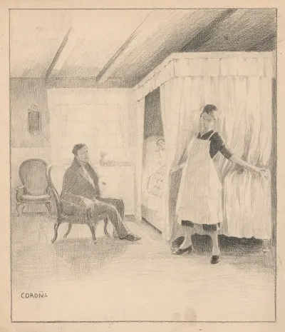 A Young Maid Apparently Feels Ill In A Room Where A Man Is Sitting By A Bed