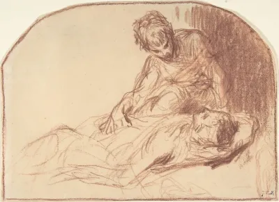 A Young Man Seated Bent Over A Reclining Figure
