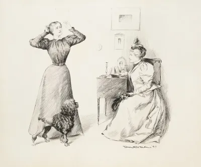 A Young Woman Fixing Her Hair Talks To A Seated Older Woman Both Women Have Dogs