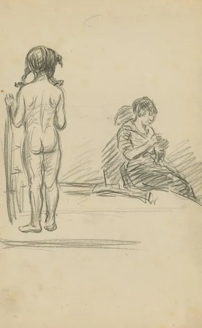 Aan De Linkerkant Ziet Men Een Naakt Meisje Op Haar Achterkant En Rechts Ziet Men Een Zittende Vrouw