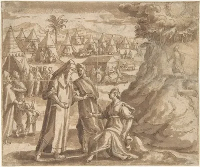 Aaron And Nadab Taking Leave Of Elisheba With The Israelites Camped Before Mount Sinai And Moses Ascending The Mountain