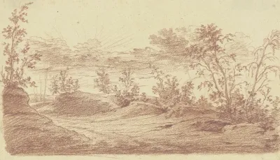 Abendlandschaft Im Vordergrund Ein Waldweg Mit Lichtem Buschwerk
