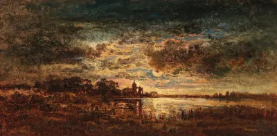 Abendliche Seenlandschaft Im Mondlicht