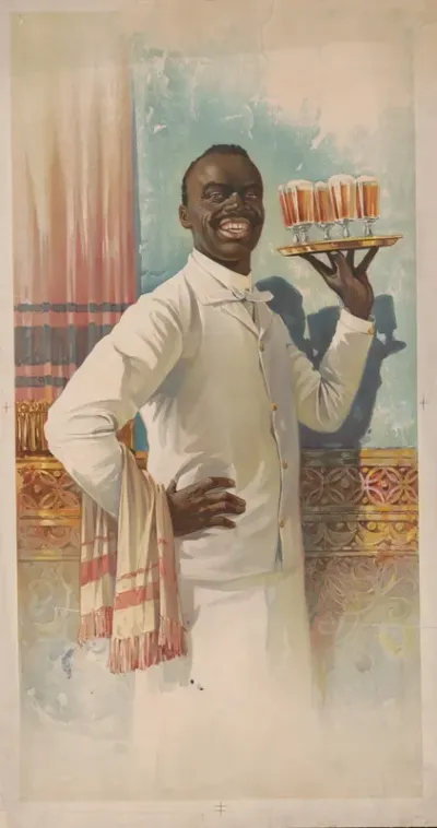 African American Waiter Smiling At The Viewer Holding A Tray Of Glasses Of Beer