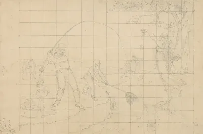 Allegorical Scene In Which Goddesses Offer Packets To Fisherman Who Eagerly Use Their Lines And Nets To Catch Them
